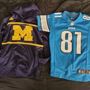 Nike NFL Detroit Lions football jersey, Adidas University of Michigan hoodie sz8